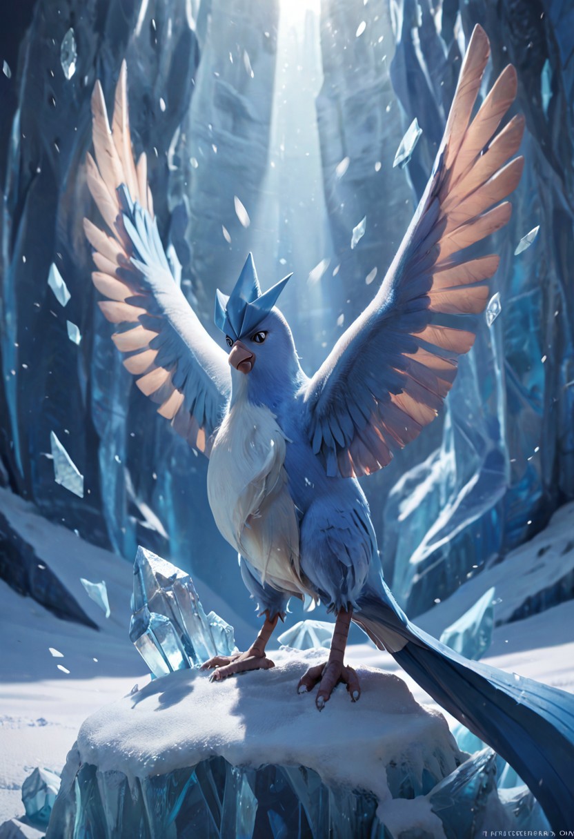 score_9, score_8_up, score_7_up, score_6_up, score_5_up, score_4_up, BREAK, solo, articuno, pokemon (creature), furry, avian, bird, blue feathers, ice, snow, dramatic lighting, realistic