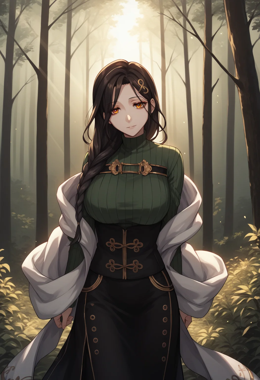 score_9, score_8_up, score_7_up, score_6_up, score_5_up, score_4_up, source_anime, stomoe, braid, hair ornament, sweater, green sweater, ribbed sweater, shawl, skirt, black skirt, long skirt, cowboy shot, looking at viewer, expressionless, smile, large breasts, sunset, forest, dimly lit, light rays, diadema, countershading, detailed soft lighting<lora:ShirayukiTomoeXL-17:1>