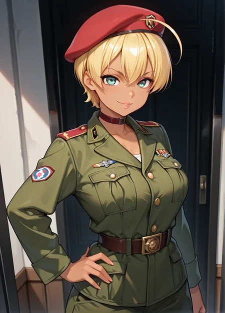 masterpiece, best quality, amazing quality, very aesthetic, absurdres, newest, detailed background, 4k, 8k,
mitoxd, short hair, blonde hair, green eyes, pink lips, tan lines, tanned skin, 1girl, blonde hair, solo, uniform, hat, military uniform, short hair, military, blue eyes, belt, ahoge, breasts, lips, beret, choker, large breasts, hand on hip, looking at viewer, smile,
<lora:Mito_Ikumi_-_Shokugeki_no_Soma_Illustrious:1>
