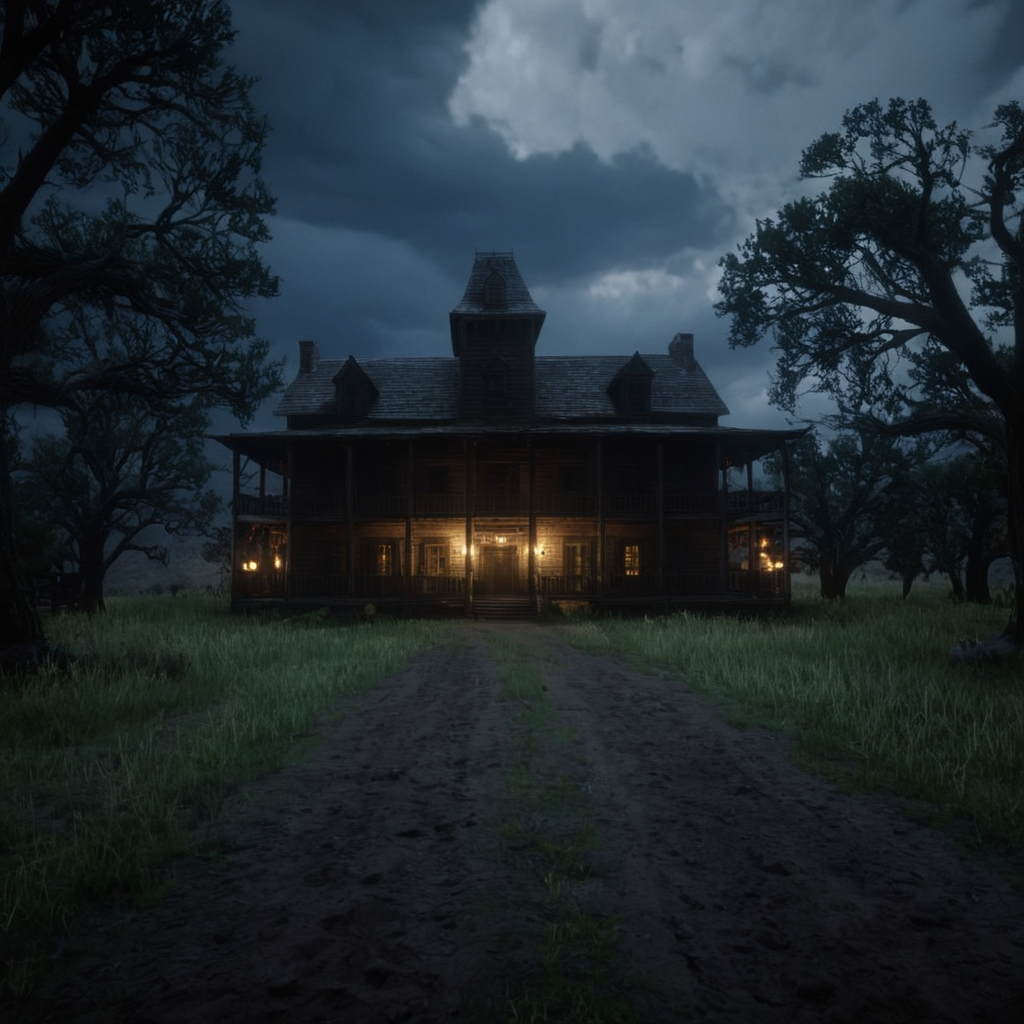 cinematic film still of cinematic film still of  <lora:Red Dead Redemption style:1>
a creepy looking building with a creepy sky,outdoors,sky,cloud,tree,no humans,night,cloudy sky,grass,building,night sky,scenery,mountain,sign,fence,road,dark,house , epic, Western, adventures, outlaw, Red Dead, Western United States, wild west, cowboy, cowgirl, Open world, 1900's, realistic, cinematic, film look, dramatic light, partially covered in shadows, gang, Western-themed action-adventure, Red Dead Redemption style, shallow depth of field, vignette, highly detailed, high budget, bokeh, cinemascope, moody, epic, gorgeous, film grain, grainy