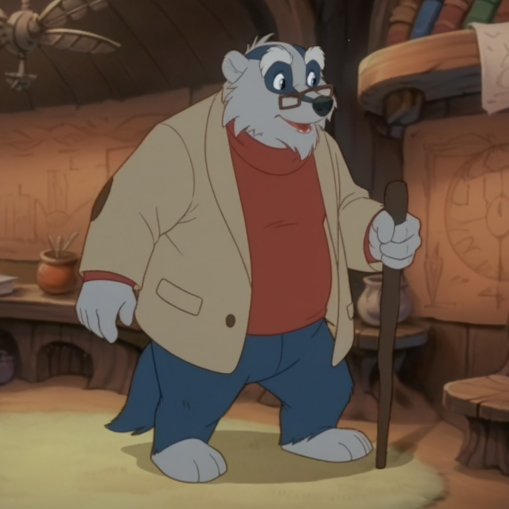 score_9, score_8_up, score_7_up, score_6_up, score_5_up, score_4_up, source_furry, Corneliusouaf, semi-anthro, male, badger, grey fur, two-tone fur, red shirt, glasses, tan jacket, standing,inside, leaning on cane
