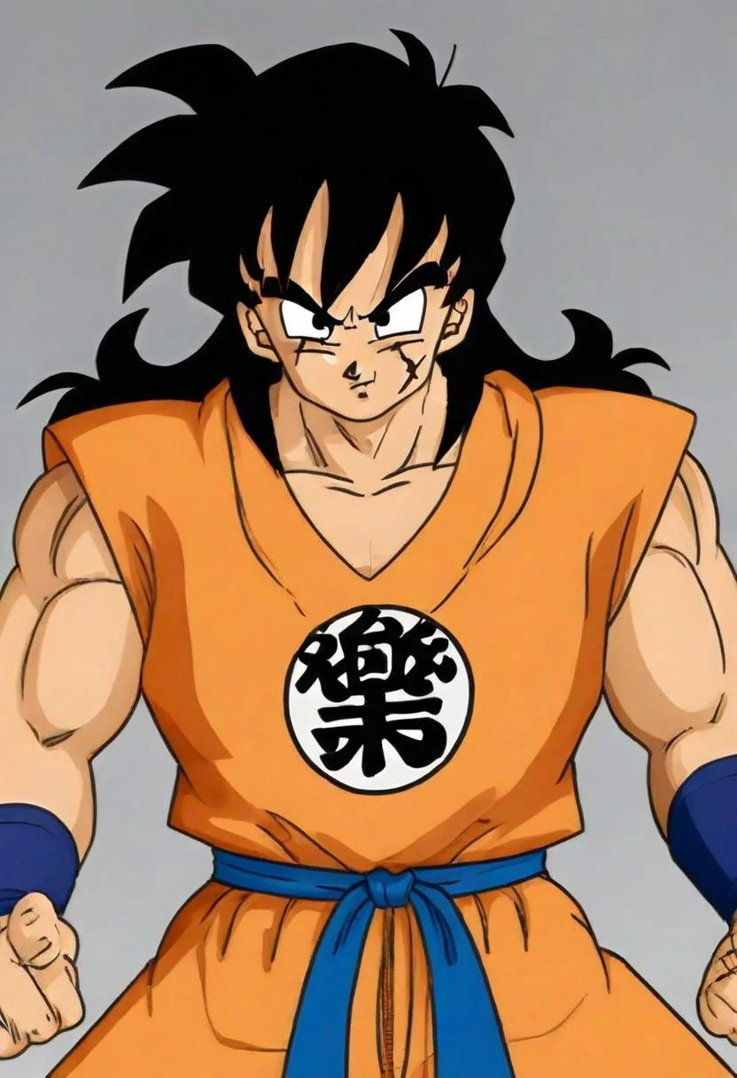 <lora:YamchaXL:.8> Yamcha, black eyes, black hair, spiky hair, orange gi, blue sash, martial artist, dragon ball z style