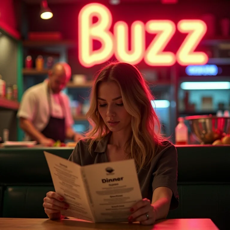 a woman sitting in a restaurant reading a menu that says buzz dinner and the words buzz in neon glow bright behind the counter with a chef making food