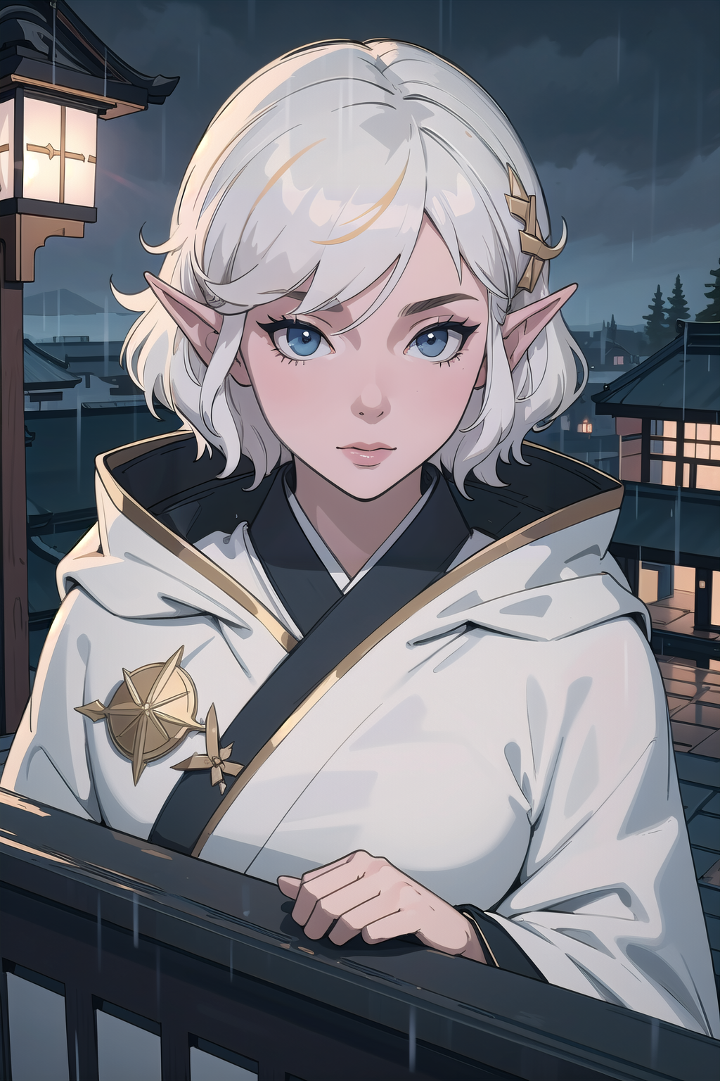 (masterpiece, best_quality, ultra-detailed, immaculate:1.3), epic, illustration, elf arctic ,ronin lord ,  , kimono,, hooded cloak,muted white hair, bombshell curly hair, , shuriken, rainy night, simple background, on the roof of a  school, bombshell hair, vivid gold hair, Cascading Layers,short bombshell hair, __color_hair__, upside-down<lora:EnvyBeautyMix13-orig:1>
