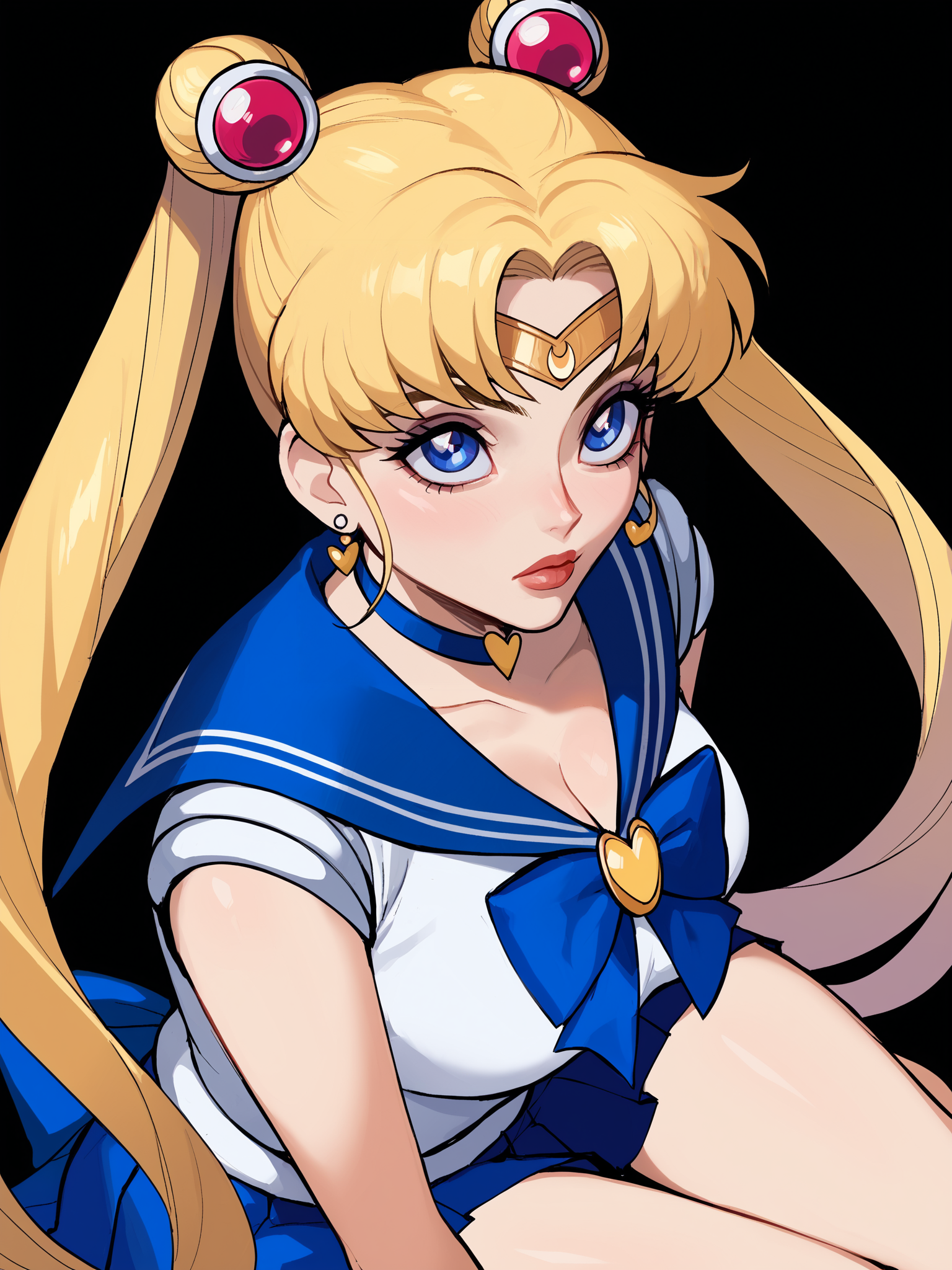 score_9, score_8_up, score_7_up, score_6_up, score_5_up, score_4_up,
BREAK
1girl, sailor moon, blonde hair, blue eyes, looking up,
BREAK
solo, sitting, from above, medium breasts,
BREAK
black background, <lora:Lunas-Ennuigrl-SDXL-A1:1>
