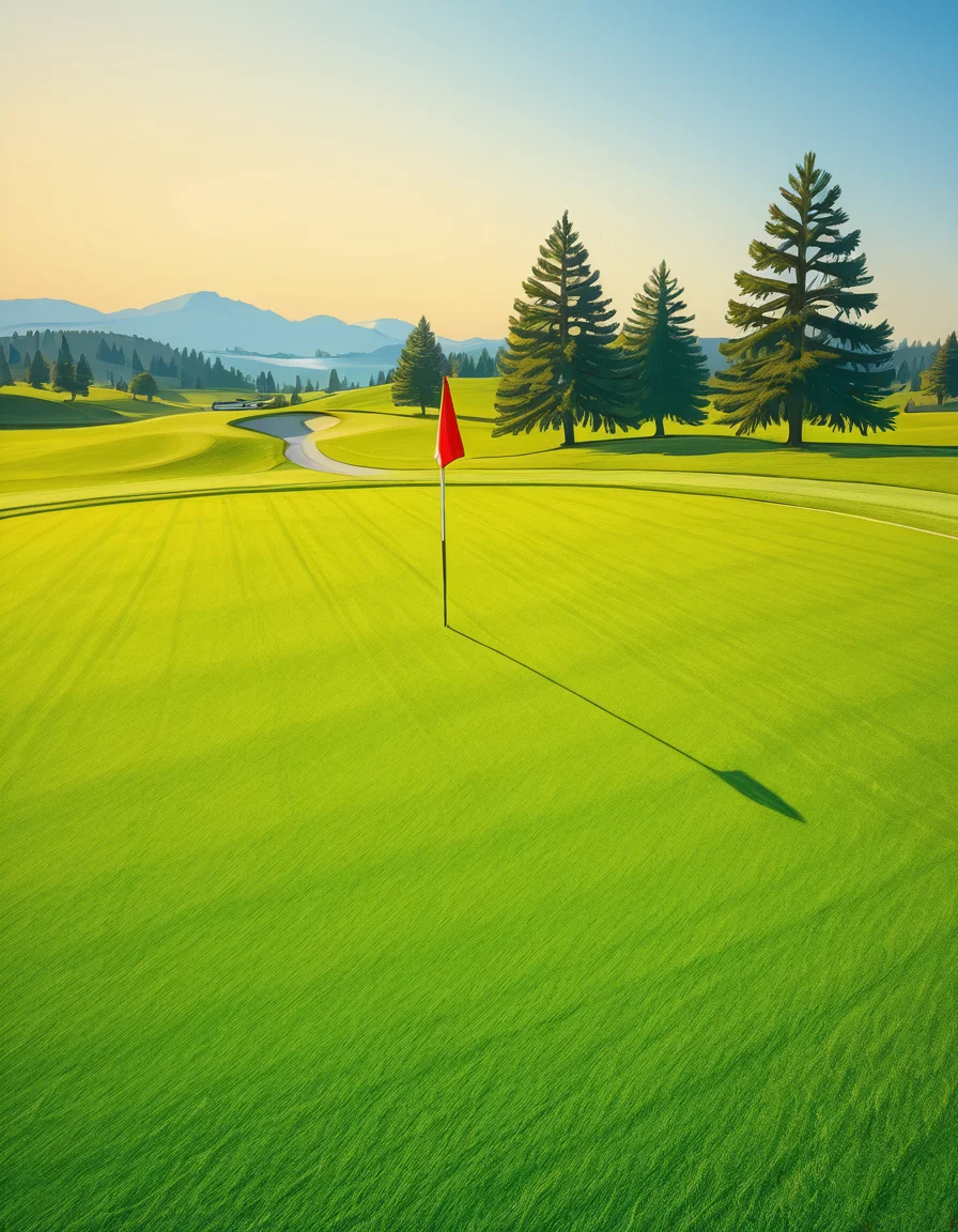 A beautifully maintained golf green in the golden light of late afternoon. The smooth, vibrant green grass is perfectly trimmed, with subtle undulations adding depth to the putting surface. A bright red flag flutters gently atop a sleek white pin, marking the hole at the center of the green. Surrounding the green, a soft fringe of slightly longer grass transitions into the rolling fairway, which stretches toward the horizon. In the background, tall pine trees cast long shadows, and a tranquil water hazard reflects the warm hues of the sky. The atmosphere is calm and inviting, capturing the essence of a perfect golfing moment.
<lora:SDXLFaeTastic2400:0.4> <lora:extremely_detailed:0.4> extremely detailed, <lora:golf_c0urs3-ill:1>,golf c0urs3, Masterpiece,best quality,hi res,8k,hi res,8k,award winning,(sharp focus, intricate, highly detailed),