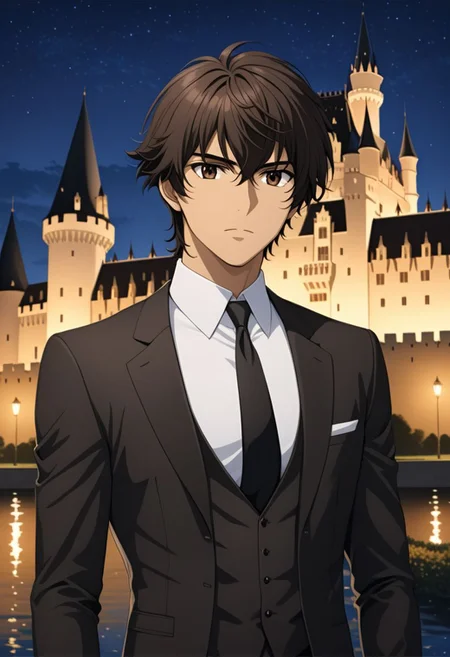 ASCIIsoran_ibrahim, 1man, male focus, solo, warm beige skin, brown hair, white shirt, black formal suit,
detailed glossy reflective eyes, expressive eyes, big brown eyes,
in front of a European castle at night,
masterpiece, best quality, ultra high res, intricate detail, clamshell warm lighting,