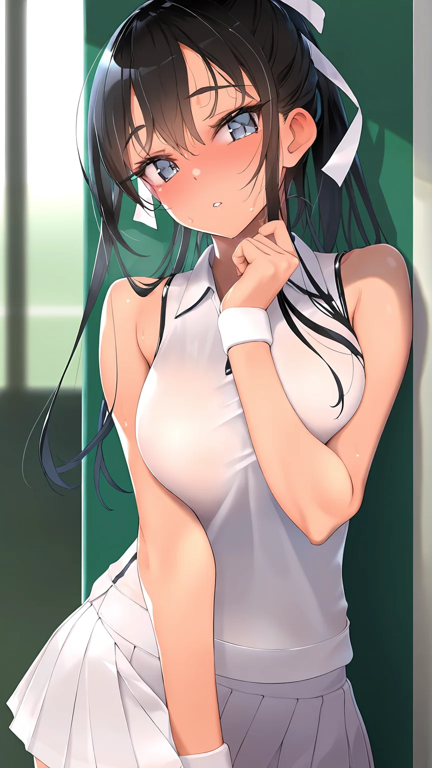amazing quality,absurdres,best quality,masterpiece,highres,newest,detailed,detailed body,detailed face,masterpiece,best quality,solo,
TennisdeShoubu,1girl,solo,long black hair in ponytail,sportswear,tennis uniform,sleeveless white shirt,pleated white skirt,bare shoulders,hair ribbon,<lora:ã¤ã³ããã³ã¼ãã¨ããã¹ã§åè² :0.8>,