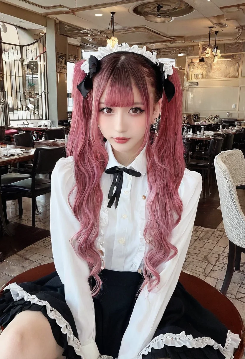 instagram,r/palegirls,selfie,masterpiece,best quality,jirai kei, jiraikei face, a woman, solo, twintails, skirt, sitting, looking at viewer, shirt, eyes, long hair, black skirt, hairband, bangs, brown hair, frills, blunt bangs, ribbon, long sleeves, jewelry, earrings, pink hair, white shirt, parted lips, black ribbon, photo background,Restaurant interior
<lora:jirai kei-SDXL-V1:0.7>