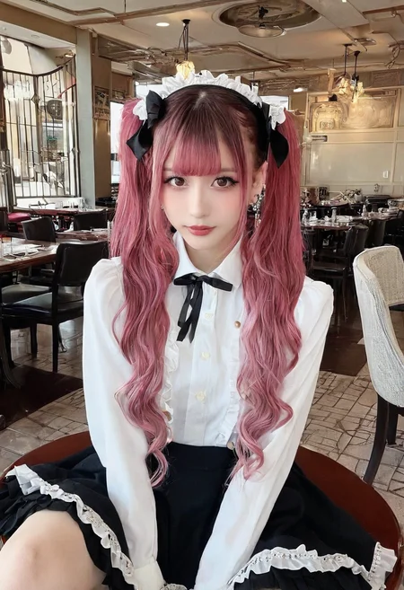 instagram,r/palegirls,selfie,masterpiece,best quality,jirai kei, jiraikei face, a woman, solo, twintails, skirt, sitting, looking at viewer, shirt, eyes, long hair, black skirt, hairband, bangs, brown hair, frills, blunt bangs, ribbon, long sleeves, jewelry, earrings, pink hair, white shirt, parted lips, black ribbon, photo background,Restaurant interior
<lora:jirai kei-SDXL-V1:0.7>