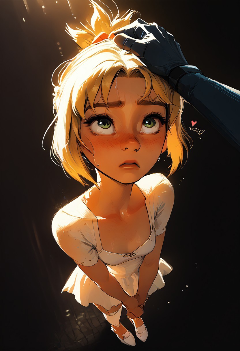 Source_anime, a woman, cute perfect face, (score_9, score_8_up, score_7_up), full body, 1girl, 18 years old, petite, [shortstack], narrow waist, small hips, gorgeous girl ,kawai girl,  glitter makeup, oiled body, sweaty, blonde hair, short hair, ponytail, red scrunchie cute face, cute girl, embarrassed, looking up, sad, head down, Expressiveh, 1girl. sweat, , large and thin neck, thin, fit body, small ass, small waist, short hair small chest, wide eyes, green eyes, freckles, blonde hair, short hair, Ponytail, small perky breasts, flat chest, young face, kinky, adorable, petite, DB_Senya dress, short round wedding dress, white thigh highs, white high heels, cutest girl in the world, cleavage, looking up, volumetric lighting, dramatic lighting, high contrast, horny, head tilted back, raw, depth of field, loving look, looking down, relaxed mouth, noises, sound effects, motion lines, action effects, hearts, floating hearts,(slim fit), , blurry background, light particles, ethereal, rating_explicit, dynamic angle, ncpy13 style, pastels drawing, dark background, motion lines, motion blur, headpat, pov hands, pov