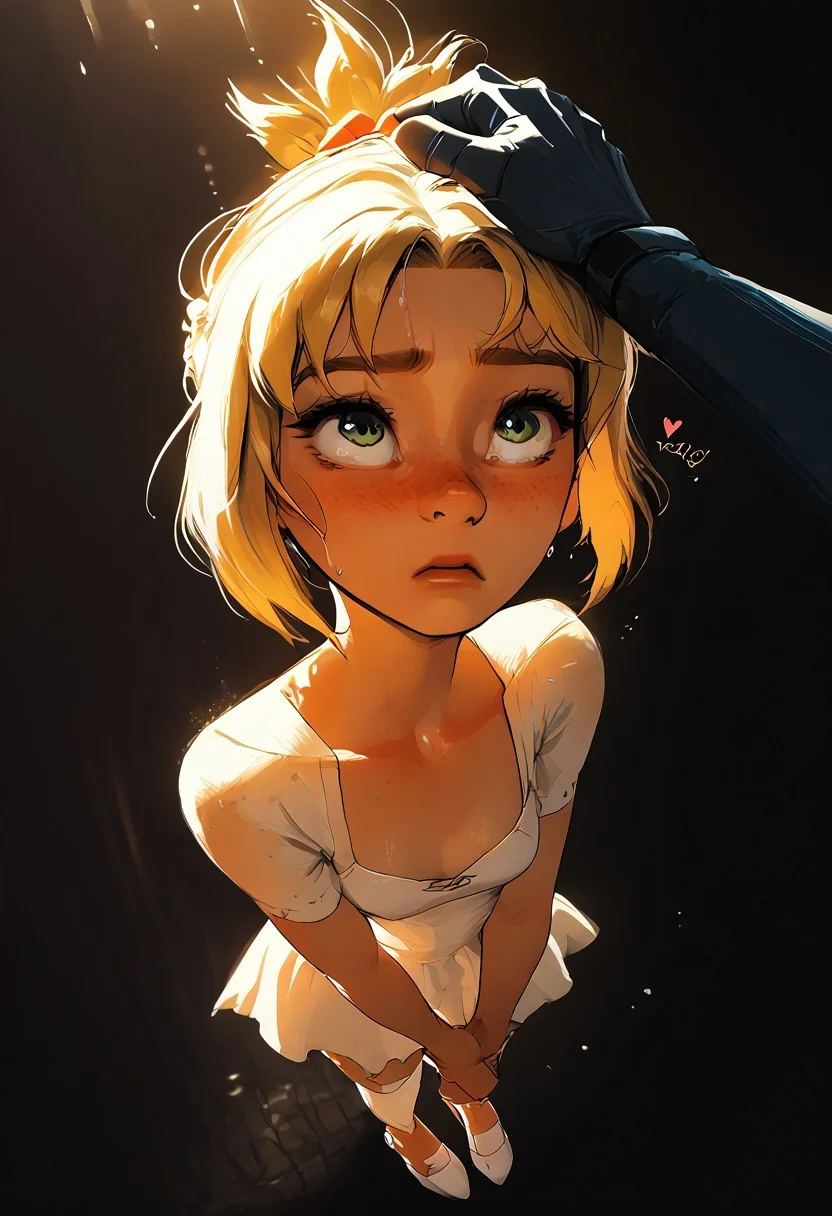 Source_anime, a woman, cute perfect face, (score_9, score_8_up, score_7_up), full body, 1girl, 18 years old, petite, [shortstack], narrow waist, small hips, gorgeous girl ,kawai girl,  glitter makeup, oiled body, sweaty, blonde hair, short hair, ponytail, red scrunchie cute face, cute girl, embarrassed, looking up, sad, head down, Expressiveh, 1girl. sweat, , large and thin neck, thin, fit body, small ass, small waist, short hair small chest, wide eyes, green eyes, freckles, blonde hair, short hair, Ponytail, small perky breasts, flat chest, young face, kinky, adorable, petite, DB_Senya dress, short round wedding dress, white thigh highs, white high heels, cutest girl in the world, cleavage, looking up, volumetric lighting, dramatic lighting, high contrast, horny, head tilted back, raw, depth of field, loving look, looking down, relaxed mouth, noises, sound effects, motion lines, action effects, hearts, floating hearts,(slim fit), , blurry background, light particles, ethereal, rating_explicit, dynamic angle, ncpy13 style, pastels drawing, dark background, motion lines, motion blur, headpat, pov hands, pov