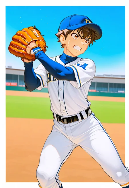 1boy,<lora:Sawamura_Eijun_Illustrious_-_Diamond_no_Ace:1>,eijun,
outdoors,white_border,baseball stadium,blurry background,dust cloud,
cowboy_shot,(from_side:1.2),(motion_blur:1.2),foreshortening,dutch angle,foot_out_of_frame,
(throwing:1.2),(pitching:1.2),dynamic pose,
arched_back,running,clenched teeth,
brown hair,brown eyes,baseball uniform,baseball cap,baseball mitt,baseball,belt,belt buckle,black belt,sweat,sweatdrop,
solo,male focus,
masterpiece,best quality,newest,absurdres,highres,