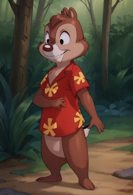 score_9, score_8_up, score_7_up, score_6_up, 1girl, hi_res, Dale, chipmuk tail, one tail, chipmunk anthro, Cartoon, detailed background, negative_hand, big eyes, 4fingers, 4k, ultra detailed, focus eyes, chipmunk legs, barefoot, (forest background:1.4), shirt, full body view, 3/4 side view, angry smile, musculled, showind musculles