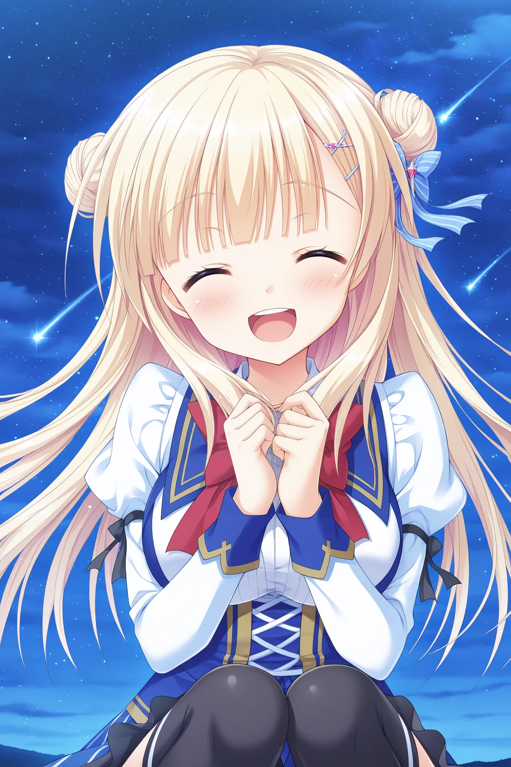 masterpiece, best quality, high quality, detailed, absurdres,newest, scenery, 1girl, solo, official style,best perspective,depth of field, very_aesthetic, best_quality ,high_resolusion, (8K:1.5),,crisp quality, ultra detailed,perfect anatomy,perfect lighting,anime screencap, perfect eyes,detailed eyes, <lora:Sylvia_V4_Illustrious:1>,Sylvia,blonde hair,bangs,green eyes, bangs,Uniform Sylvia,double bun,odango hair,hairclip,(single_blue_hair_ribbon:1.5),large breasts,red bowtie,juliet sleeves,blue skirt,skirt,black frills,hair ornament,black thighhighs,thighhighs,
1girl, star (sky), sky, light smile, starry sky,night sky, open mouth,upper teeth,smile,laugh,(closed eyes:1.3),(upper body:1.5), solo focus, facing viewer, floating hair, outdoors,light blush, galaxy, light particles,center,shooting star, hands up,glowing,wind,(night:1.3),(watercolor:0.4),(pastelcolor:0.4),head tilt,hands up,own_hands_together, ^_^,knees up, feet out of frame,