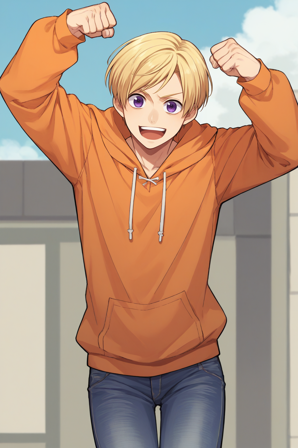 score_9, score_8_up, source_anime, 1boy, male focus, solo, <lora:NSFinlandHetalia:1> NSFinlandHetalia, blonde hair, purple eyes, orange hoodie, denim pants, cheering