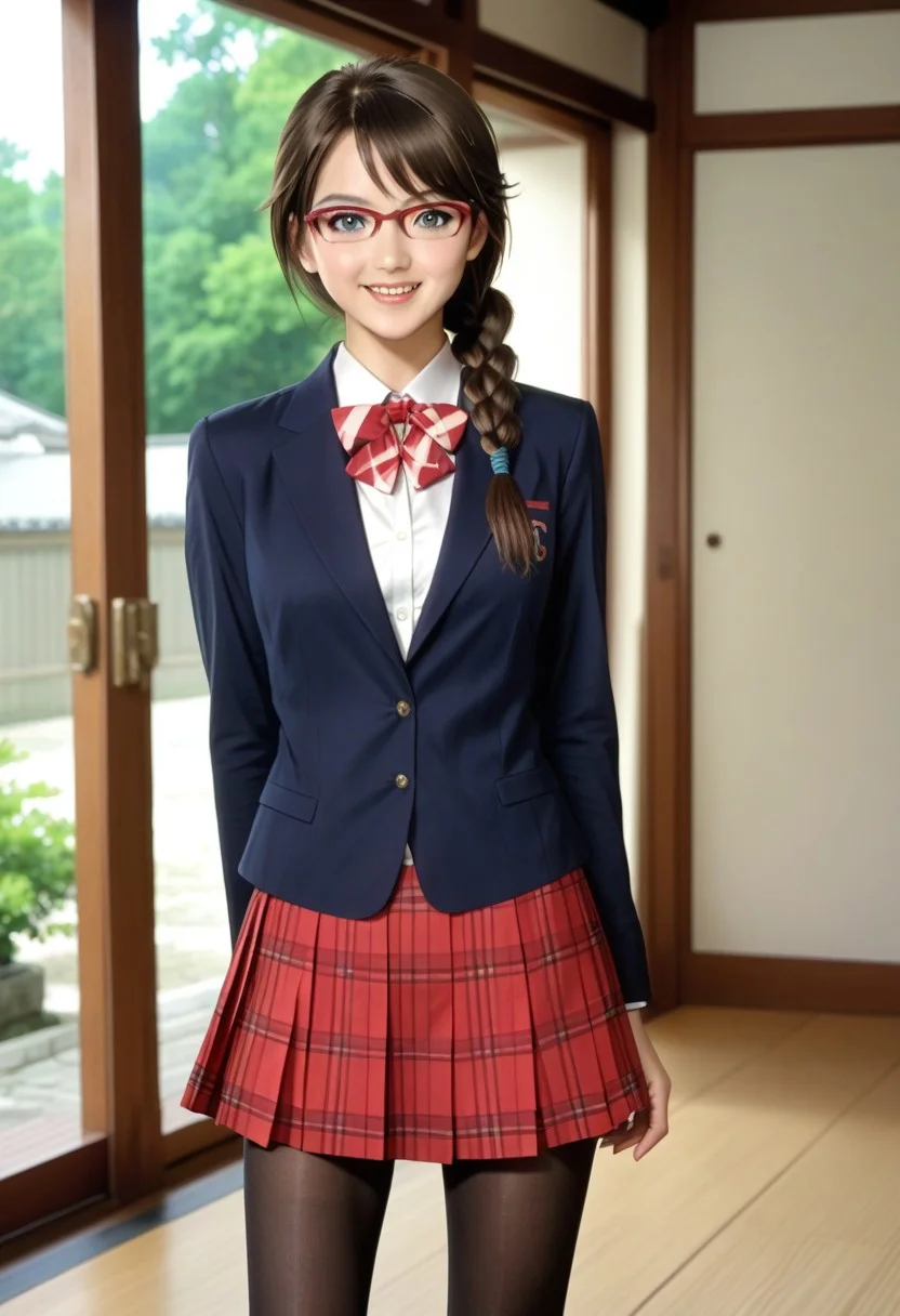japanese castle, japanese traditional park, (photo realistic, japanese girl), ( hasegawa_hinako, 1girl, pantyhose, glasses, skirt, braid, brown hair, blue eyes, hair over shoulder, school uniform, single braid, shoes, jacket, blazer, long hair, pleated skirt, plaid skirt, looking at viewer), open mouth, looking at viewer, 1girl, (alone), best quality, cowboy shot, seductive smile, large breast, Overall Detail, (slim, standing, looking at viewer, young-adult, one hand on waist, contrapposto) realistic hands, bare thigh, handfixer, cheerful, adorable, tony taka,