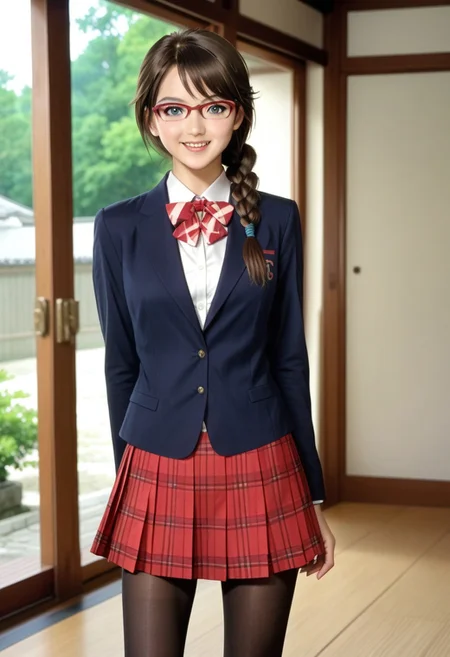 japanese castle, japanese traditional park, (photo realistic, japanese girl), ( hasegawa_hinako, 1girl, pantyhose, glasses, skirt, braid, brown hair, blue eyes, hair over shoulder, school uniform, single braid, shoes, jacket, blazer, long hair, pleated skirt, plaid skirt, looking at viewer), open mouth, looking at viewer, 1girl, (alone), best quality, cowboy shot, seductive smile, large breast, Overall Detail, (slim, standing, looking at viewer, young-adult, one hand on waist, contrapposto) realistic hands, bare thigh, handfixer, cheerful, adorable, tony taka,