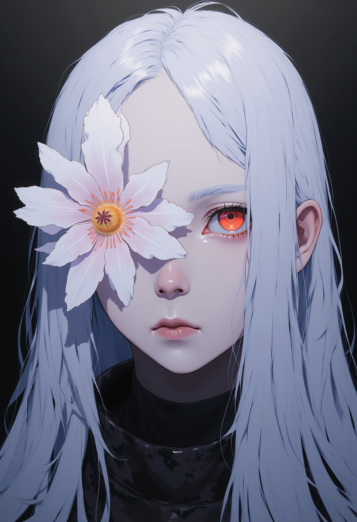 Close-up portrait of a female character with long, silver hair. Her face is partially obscured by a large, white flower with light pink shading, positioned over her right eye. The character has pale skin with soft shadows cast across her face. Her left eye is visible, glowing with a bright, vivid red color. A minimalistic dark background with subtle gradients of deep black and grey. No additional objects or elements in the background to keep the focus on the main character. Soft, ambient lighting highlights the edges of the character's form, creating a mysterious and cinematic atmosphere.   <lora:CPA:0.93> <lora:anime_martzv2:0.53> anime_martz,  <lora:FLUX-daubrez-DB4RZ:0.33> DB4RZ, DB4RZ style painting,
