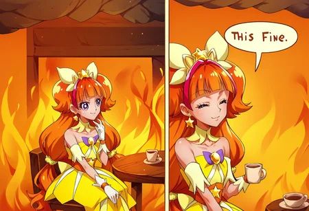 score_9, score_8_up, score_7_up, 2koma, comic, fire, sitting, speech bubble, burning, table, chair, cup, <lora:ThisIsFine_pdxl_Incrs_v1:1>, curetwinkle