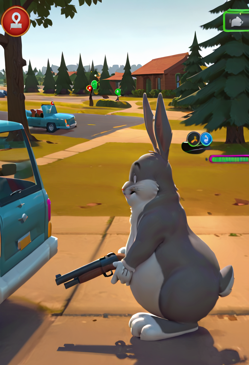 masterpiece, best quality, no humans,   zzBigChungus, outdoors, tree, ground vehicle, motor vehicle, car, road, (side view, shotgun, gameplay mechanics),  ,<lora:BigChungusIXL:1.0>,