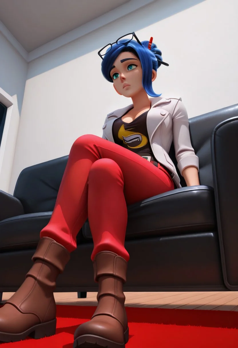 solo, MelissaBaker, cyan eyes, blue hair, hair bun, pen in hair, glasses on head, belted jacket, low cut shirt, red pants, brown boots, belt, large breasts, sitting in couch, crossed legs, from below, indoor living, white wall, brown floor, white light, black couch, red circular carpet