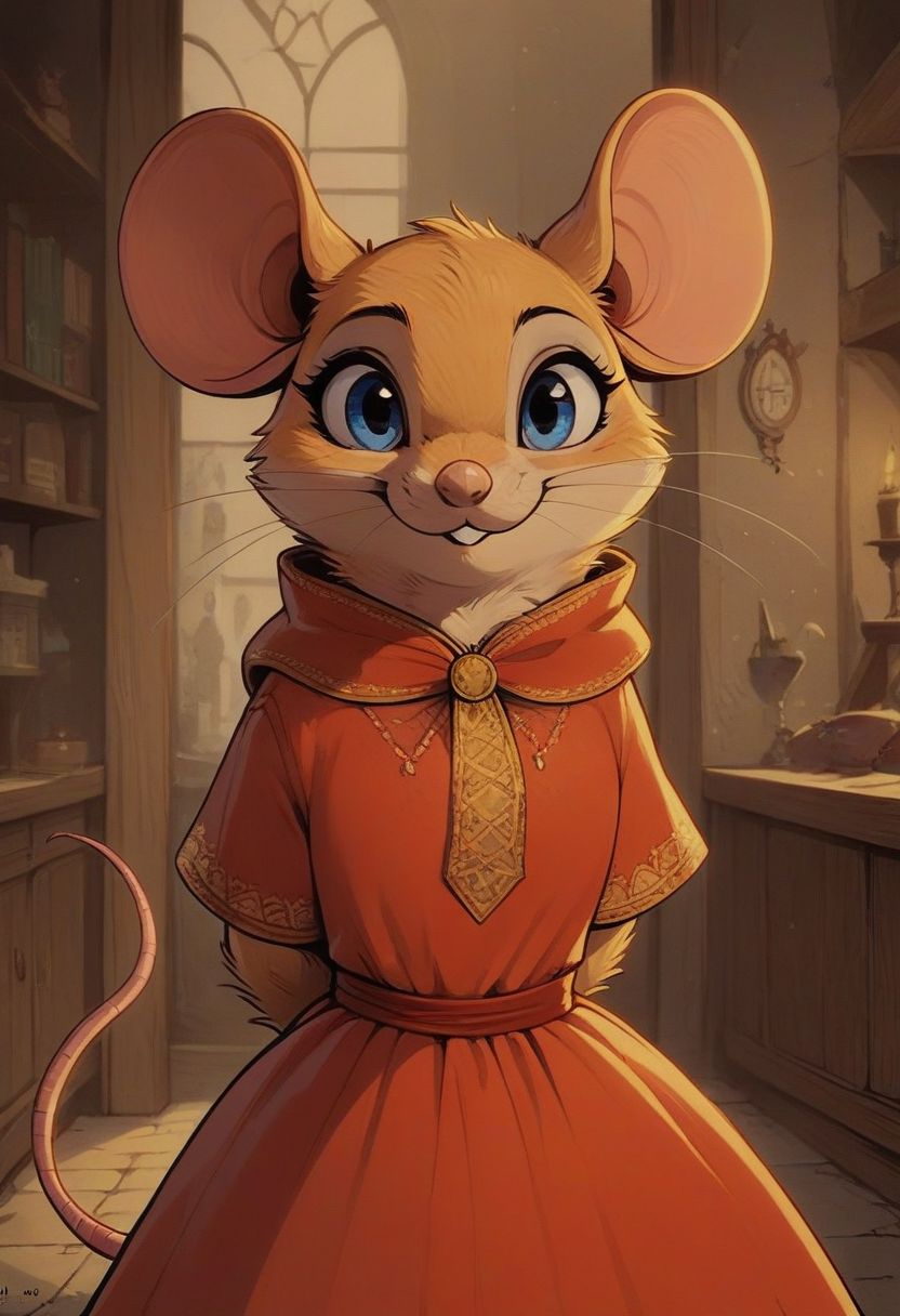 score_9, score_8_up, score_8, solo, (fluffy), feral, (feral), ((indoors)), (((mouse))), female, blue eyes, yellow fur, yellow ears, claws, (fluffy cheeks:0.5), (simple red dress), in the style of beatrix potter, (cartoon style) fca style, cel-shading, village, (upper body shot), cute, hands behind back, solo, (solo:1.5)