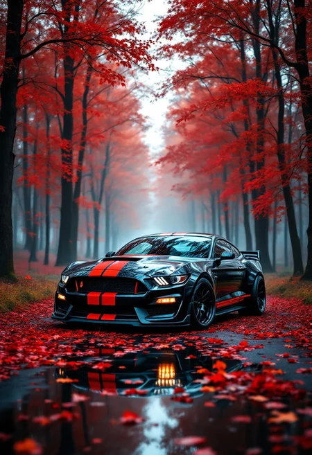 A cinematic, vibrant image featuring a striking Ford Mustang Shelby GT350 parked amidst a serene, autumnal forest. The car, predominantly black with bold red racing stripes on the hood and roof, stands out against the backdrop of tall trees with vibrant red leaves. The Mustang's aggressive stance and wide tires create a powerful, ready-to-pounce appearance. The forest floor is covered in red leaves, reflecting the car's color scheme, and the soft, diffused lighting casts a warm glow throughout the scene. The reflection of the car and trees on the wet ground adds depth and tranquility. The harmonious blend of the car's sporty design and the peaceful, natural setting evokes feelings of power and serenity, capturing a moment of pause amidst a high-energy environment. The image is enhanced by a graffiti-style border, vibrant, graffiti, cinematic