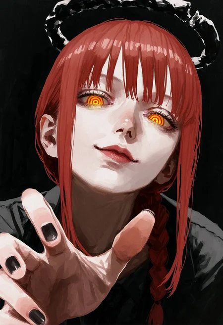 (by maegami /(daisuki oekaki1/):1.3), (by 96yottea:1.1), painterly, (by misawa hiroshi:0.8),
makima \(chainsaw man\), 1girl, portrait, head tilt, dutch angle, ringed eyes, leaning forward, smirk, empty eyes, glowing eyes, reaching towards viewer, long fingers, black nails, half-closed eyes, 
 black halo, broken halo, (sideways glance:1.2), 
nose, lips, 
perspective, dark background,