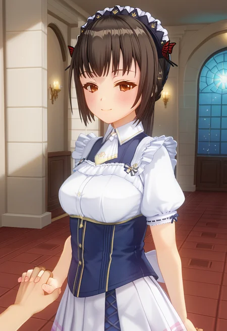 score_9, score_8_up, score_7_up, BREAK source_anime, (masterpiece), (best quality), 1girl, chihara_yukine, <lora:chihara_yukineåå_éªé³:0.85>, blue colored maid outfit, light purple colored skirts, red colored eyes, brown colored hair, happy mood, cowboy shot, looking at viewer, smile, blush, closed mouth, half closed eyes, particles, (ultra detailed), colorful light, shine, lens flare, smile, holding hands, solo focus, pov hands, out of frame, inside the castle hall, (from side:1)