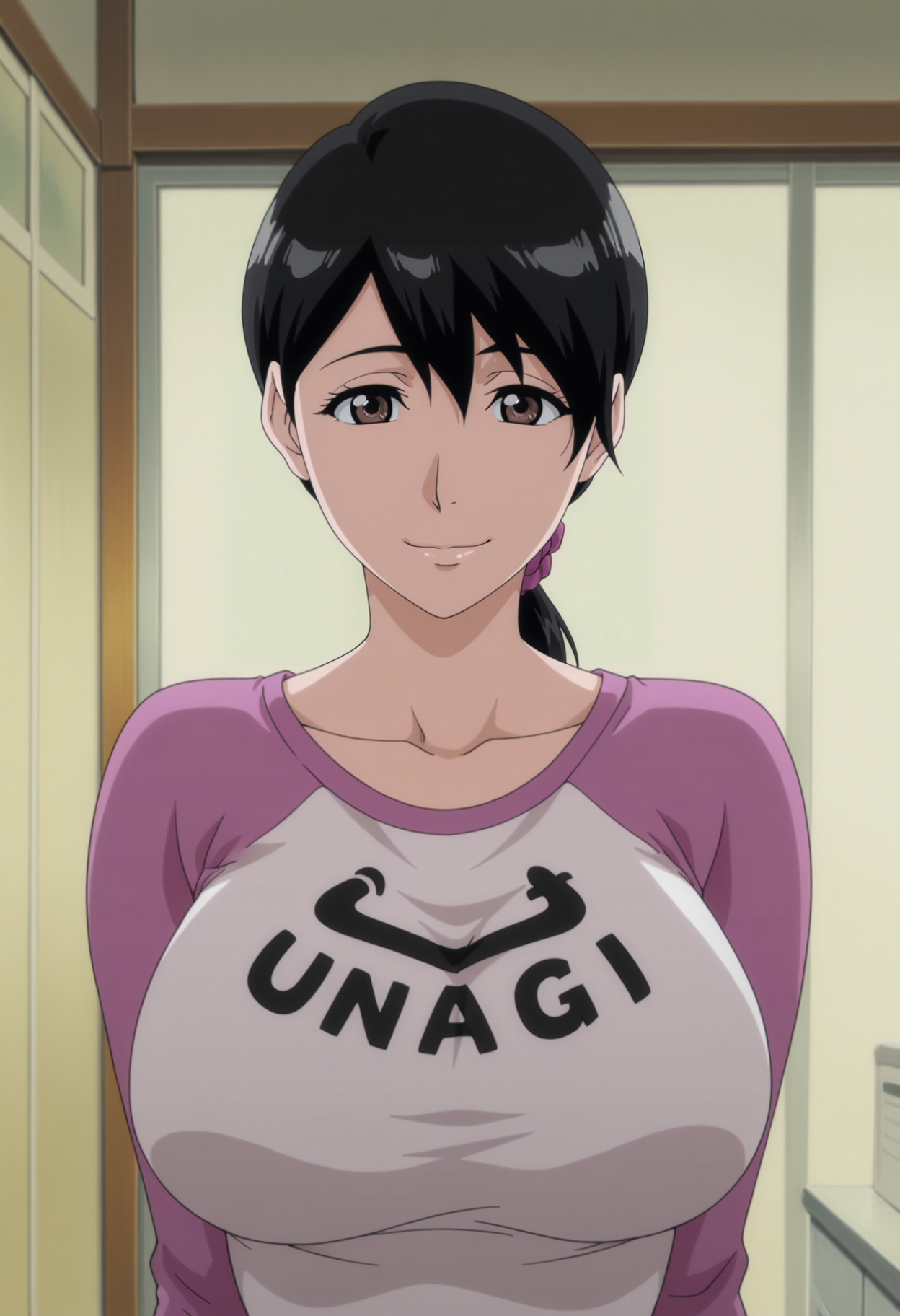 1girl,solo,mm,mature female,black hair,ponytail,brown eyes,large breasts,anime coloring, 
shirt,upper body, looking at viewer, smile,indoors
,masterpiece,best quality,amazing quality,<lora:Ikumi_Unagiya-Bleach:0.85>
