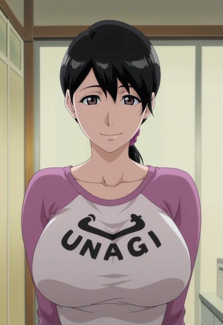 1girl,solo,mm,mature female,black hair,ponytail,brown eyes,large breasts,anime coloring,
shirt,upper body, looking at viewer, smile,indoors
,masterpiece,best quality,amazing quality,<lora:Ikumi_Unagiya-Bleach:0.85>
