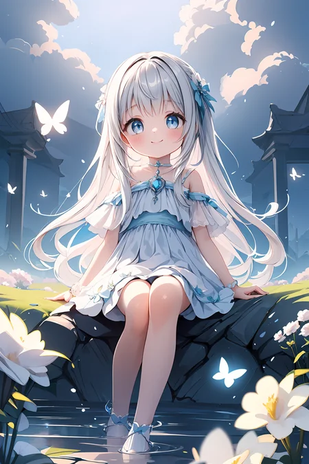 A captivating, dreamlike anime girl standing in a fantastical landscape filled with swirling shades of white, silver, and soft grey tones. Her flowing hair is a mix of platinum white and smoky silver, catching glimmers of soft light and blending seamlessly into the monochromatic surroundings. Her eyes have a subtle shimmer of frosty grey and cool silver, reflecting the ethereal, magical world around her. light_smile, She wears a delicate outfit with intricate lace patterns and shimmering silver accents, harmonizing with the misty, fog-filled background and floating pale petals. The background is a surreal blend of soft gradients, misty clouds, and faint twinkling lights, creating an enchanted, serene atmosphere. Delicate butterflies, translucent orbs, and gentle, misty trails float around her, emphasizing the tranquil, otherworldly energy of the scene. The art style is rich in gradients of white and grey, with smooth, defined lines and soft lighting that add depth and elegance, giving the scene a mystical, dreamlike quality,(sitting:1.3)