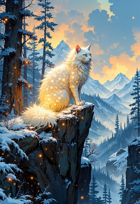 VibrantlySharp style,
animeniji,
3pic_vist4, A luminous white feline with flowing fur glows with golden stars embedded in its coat, perched atop a snowy ridge at twilight, surrounded by ancient pine trees dusted in frost, soft golden fog rising from the valley below, dreamlike atmosphere painted in high fantasy watercolor style, full of delicate light scatter and ethereal softness.