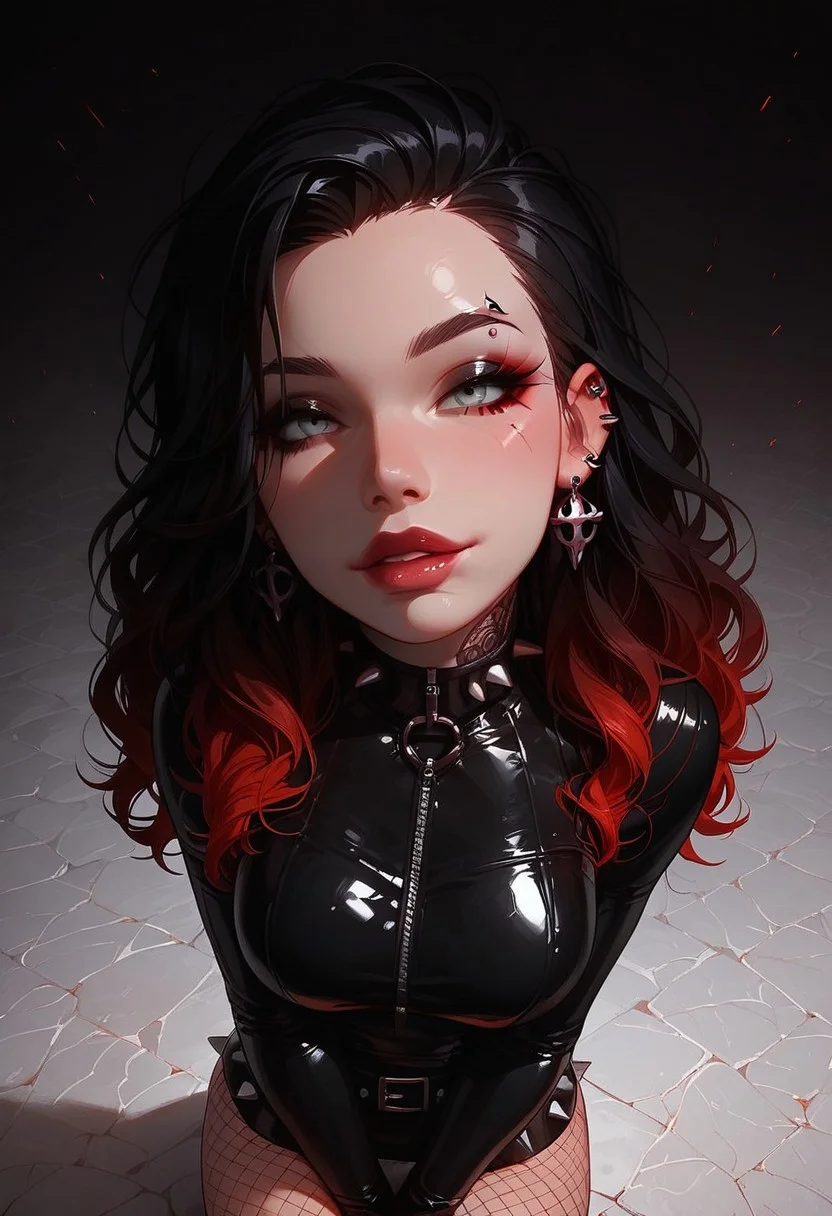 core_9, score_8_up, Score_7_up, 1girl, ((solo)), 20 years old, gradient hair color, black hair, red hair, wavy hair, Crimsom eyes, slim fit, sexy pose, seductive pose, medium shot, from above, high camera angle, gothic wearing, gothic, spikes, fishnet pantyhose, tight latex skirt, garterbelt, latex,
