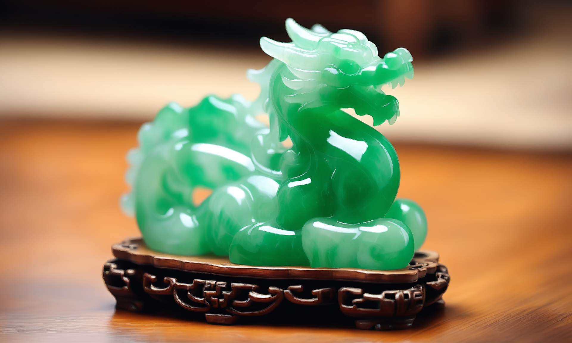 ethereal fantasy concept art of  <lora:jadeitecarvingcd_xl-000006:0.6>,a statue of a chinese dragon made of (green jadeite, transparent) on floor,tilt-shift,miniature,jadeitecarvingcd_xl with green theme,no humans,long-focus,indoors,chinese zodiac,wooden table,cutie,cute,still life,animal statue,front view,facing viewer,looking at viewer . magnificent, celestial, ethereal, painterly, epic, majestic, magical, fantasy art, cover art, dreamy
