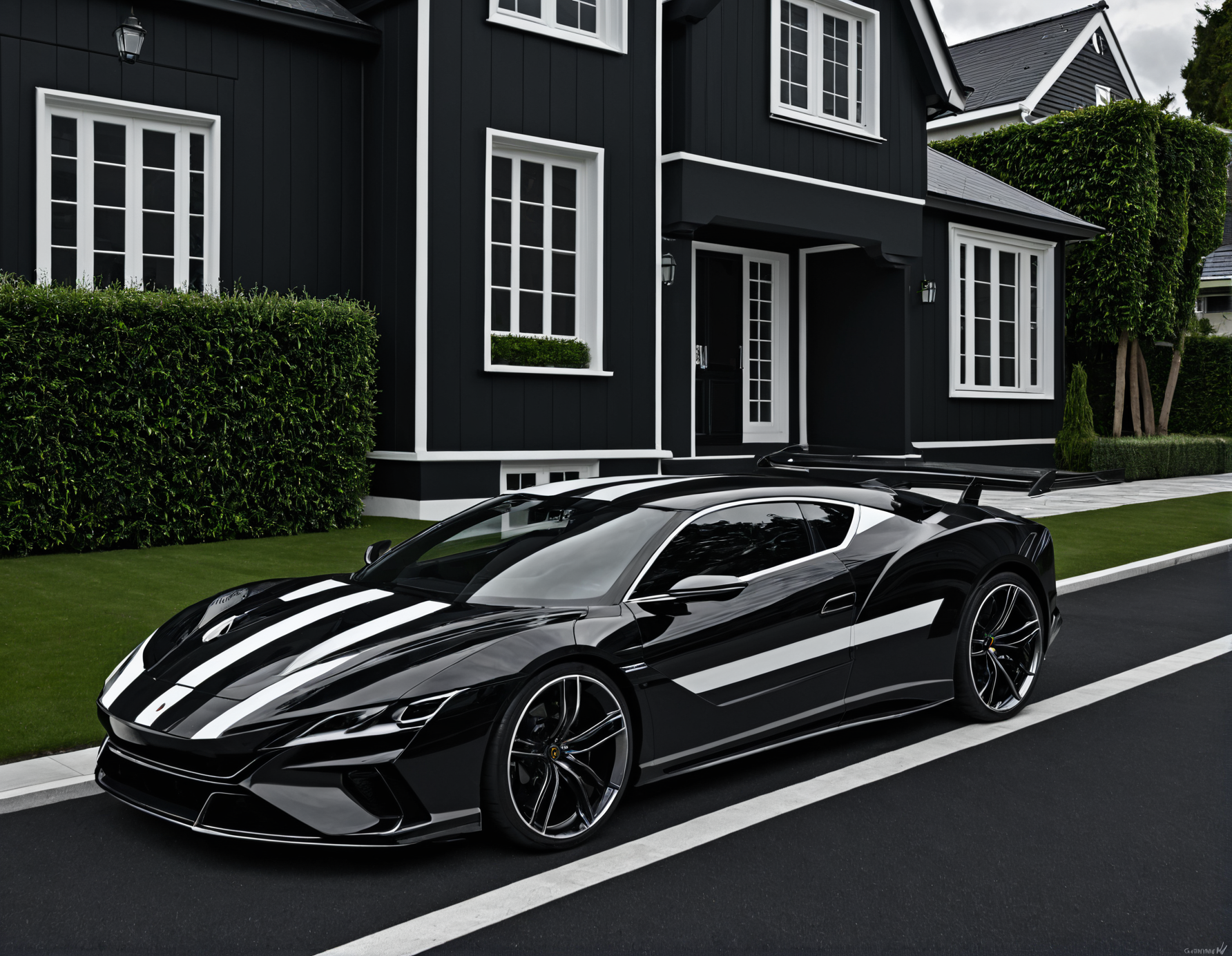 concept art <lora:Zoom_Cars:1>,Cornelisz Hendriksz Vroom,, a black sports car parked in front of a house with a white stripe on it's side and a black and white stripe on the front [27], . digital artwork, illustrative, painterly, matte painting, highly detailed