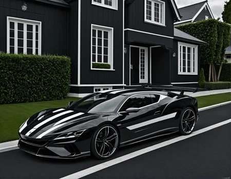 concept art <lora:Zoom_Cars:1>,Cornelisz Hendriksz Vroom,, a black sports car parked in front of a house with a white stripe on it's side and a black and white stripe on the front [27], . digital artwork, illustrative, painterly, matte painting, highly detailed