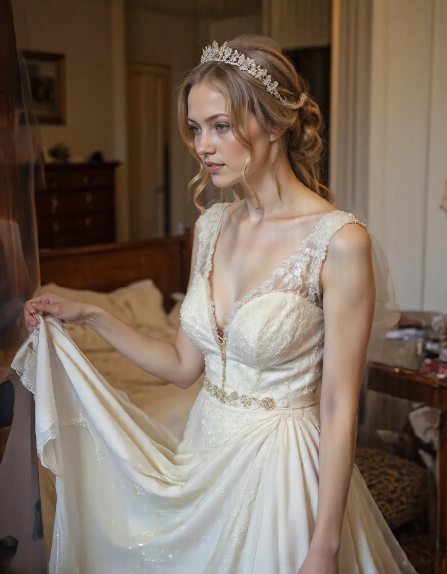 <lora:SuperModel-V8:0.8>, a bride dressed wedding dress, . Realistic, narrative, <lora:Guin-FluxX:0.5>, Guin, <lora:lyinganalsex:1>, lyinganalsex