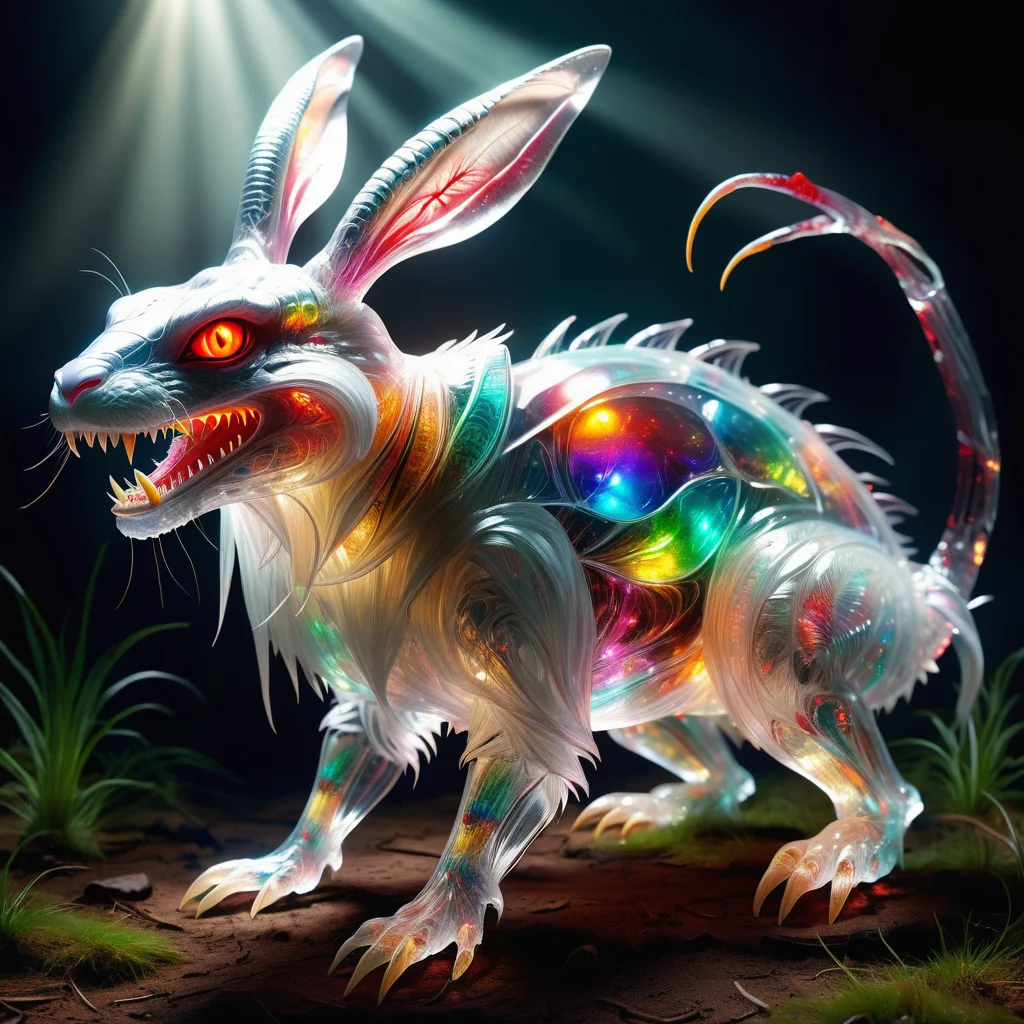 hyper detailed masterpiece, dynamic, awesome quality,DonMSp3ctr4lXL,transluscent easter bunny, medium-sized creature, reptilian like appearance, leathery skin, pronounced quills along its back, clawed feet and hands, bipedal creature, fangs for blood sucking, menacing eyes, stand upright ears, <lora:DonMSp3ctr4lXL:1>