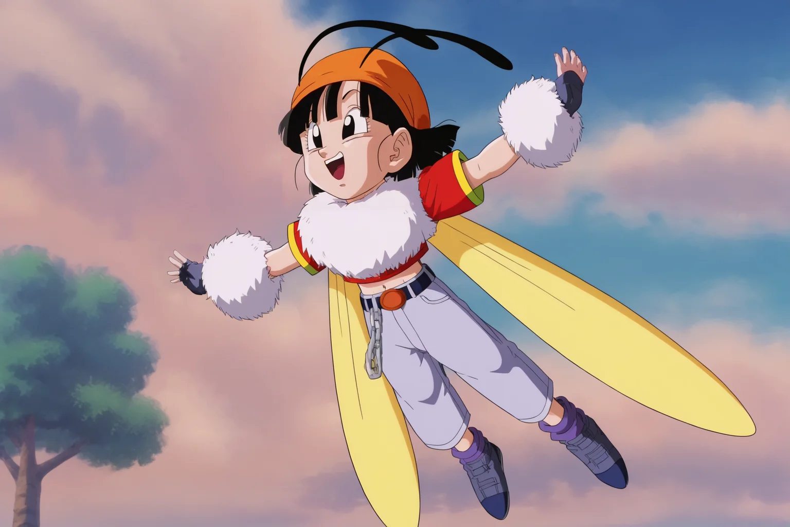 source_anime, score_9, score_8_up, score_7_up, anime screencap,8k, absurd res,
pan \(dragon ball\), bee outfit, 1girl, solo, smile, short hair, open mouth, black hair, black gloves, navel, outdoors, wings, sky, gold trim, short sleeves, day, midriff, belt, fingerless gloves, black eyes, chain, outstretched arms, red shirt, flying, orange bandana, antennae, female child, insect wings, bangs, blue footwear, loose socks, midair, purple legwear, sneakers, fur trim, fur collar, floating hair, upper teeth
<lora:panRemake_pony_v1:0.8>