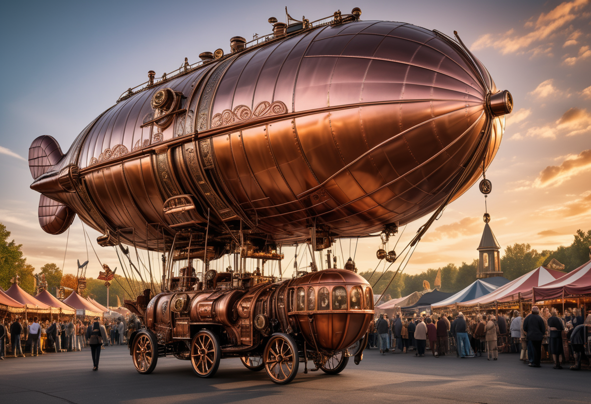 award winning, (professional photo) of (gear-driven medium-sized copper steampunk dirigible) with wood body,  gilded accents, the aircraft is flying over  a historic steampunk carnival, with vintage rides, classic steam-powered attractions, and a nostalgic atmosphere, at sunset, , creative, beautiful, vibrant, masterpiece, 64k, UHD, HDR, full view, atmospheric lighting, extremely detailed