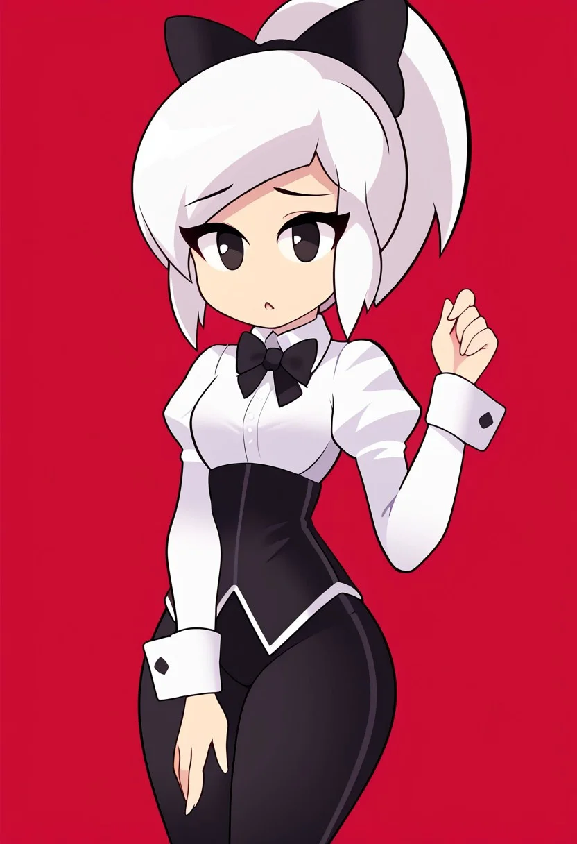 score_9, score_8_up, score_7_up, score_6_up, score_5_up, score_4_up, source_cartoon, <lora:confetti-extract- ponyxl:0.85>, detailed eyes, easynegative, rating_explicit, Expressiveh, 1girl, solo,
Geraldine, shirt, long sleeves, white shirt, white hair, ponytail, sidelocks, thighs, hair bow, collared shirt, pants, puffy sleeves, bowtie, black eyes,  wrist cuffs, black bow, dress shirt, swept bangs, black pants,  high ponytail, juliet sleeves, sleeve cuffs, traditional, thick thighs, big ass, wide hips, looking at viewer, blush, shy, 
gwain saga