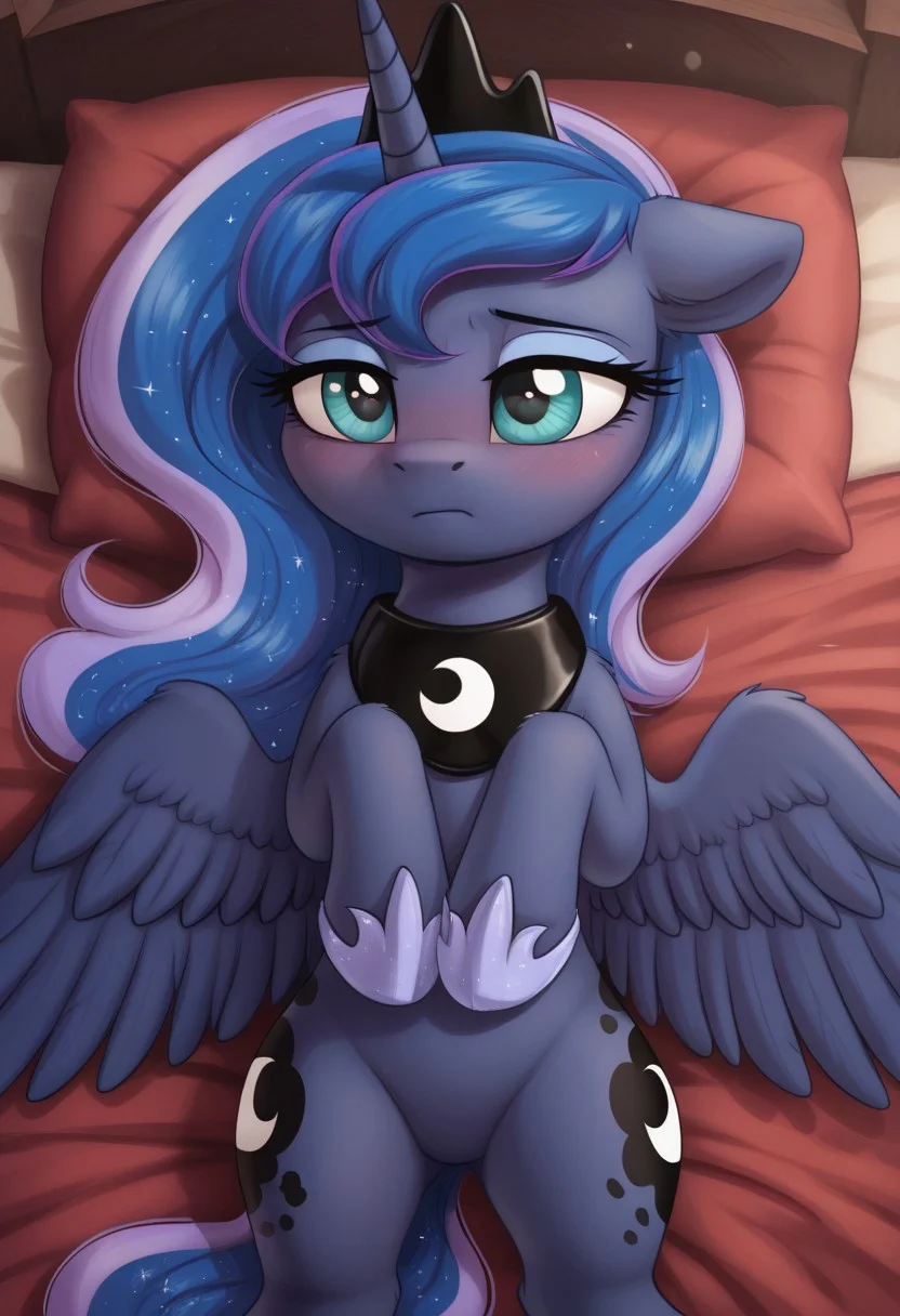 score_9, score_8_up, score_7_up, score_6_up, score_5_up, score_4_up, pony, g4, solo, pony, princess luna, black crown, black armor, fur coat, on back, shy, sad, young, younger, baby, child, kid, children, bed, blushing, cute, glare, high res,