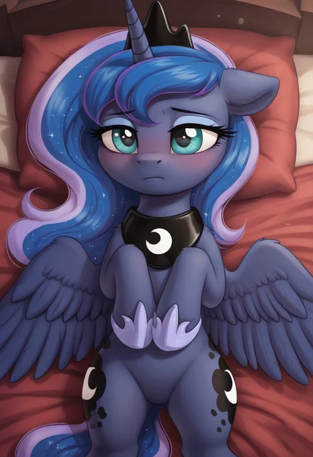 score_9, score_8_up, score_7_up, score_6_up, score_5_up, score_4_up, pony, g4, solo, pony, princess luna, black crown, black armor, fur coat, on back, shy, sad, young, younger, baby, child, kid, children, bed, blushing, cute, glare, high res,