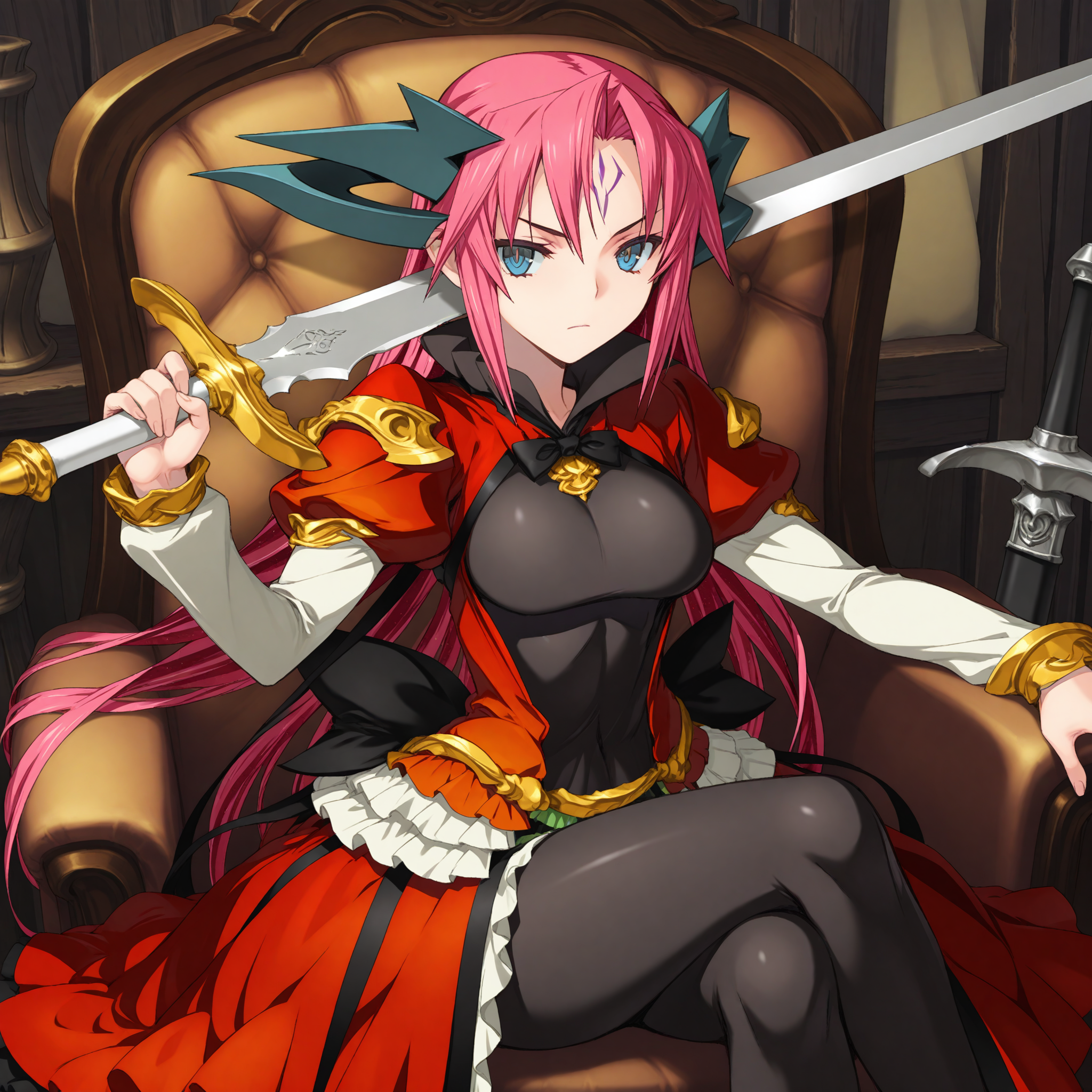 <lora:Bezeleye_1_nai-000085:1>,Bezeleye,
official outfit,dress,black bodysuit,frilled dress,frills,long sleeves,black bow,
1girl,solo,holding sword,front view,looking at viewer,weapon over shoulder,serious,angry,sitting,crossed_legs,