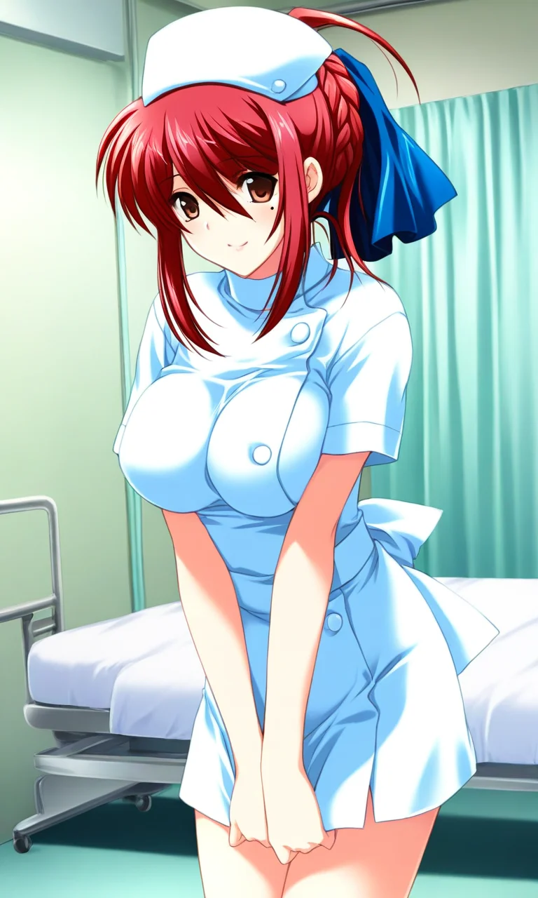 general,highres, ultra-detailed,very aesthetic,best quality ,best hands, BREAK <lora:Saeki_Nozomi_Innocent_Blue_IS:1>
Saeki_Nozomi, 1girl, solo, red hair, large breasts, mole under eye, brown eyes, hair ribbon, braid, blue bow,
white nurse, nurse cap, v arms,
smile,looking at viewer, cowboy_Shot,
hospital room, bed,