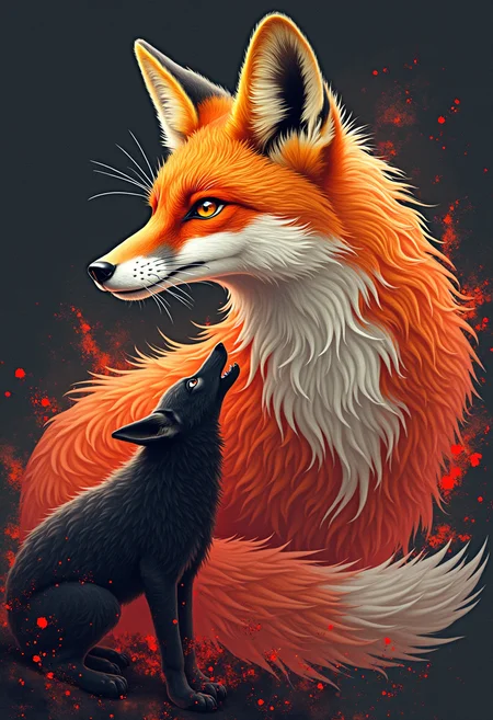 high quality, highly detailed, colorful, abstract, fantasy, fantasy background, The image is an realistic photo of a fox's head and neck. The fox's fur is a mix of orange, red, and white, with intricate patterns and swirls. The head is facing towards the right side of the image, with its mouth slightly open, as if it is about to take a bite out of something. The tail of the fox is flowing behind it, creating a sense of movement and energy. In the foreground, there is a black silhouette of a wolf standing on its hind legs, looking up at the fox. The background is dark, with a hint of orange and red, creating an explosion of light. The overall mood of the illustration is mysterious and captivating.<lora:FLUX\boFLUX Neon Abyss.safetensors:1.0:1.0>