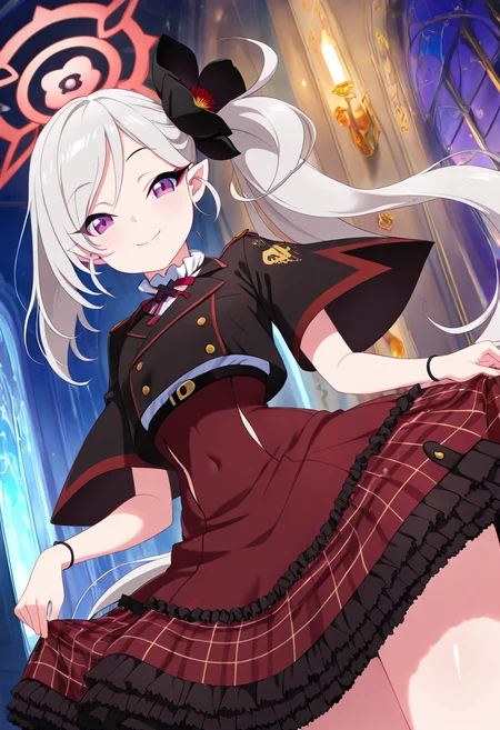 masterpiece, best quality, solo, curvy, beautiful eyes,  narrow waist, wide hips, zzMutsuki, long hair, halo, purple eyes, hair ornament, white hair, side ponytail, grey hair, pointy ears, hair flower,  dynamic angle, foreshortening, close up,   ,       <lora:MutsukiBlueArchiveIXL:1.0>, [High Fashion Met Gala Bloom], Couture dress, gemstone accessories, dramatic eyeliner, flowing train, Descending a staircase in a luxury interior beneath chandeliers, turning heads at a high-fashion gala.