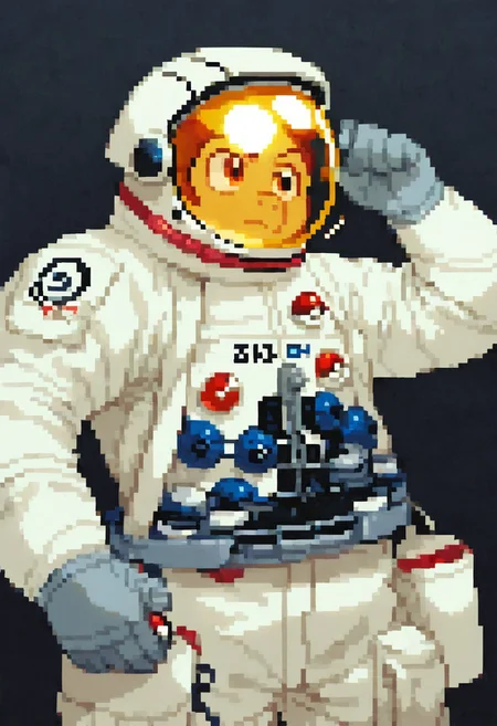 score_9, score_8_up, score_7_up, Skylab_Suit, 1girl, solo, a man in an astronaut suit, astronaut, helmet, gloves, one hand behind head, one arm outstretched, holding pokeball, Gold_Visor